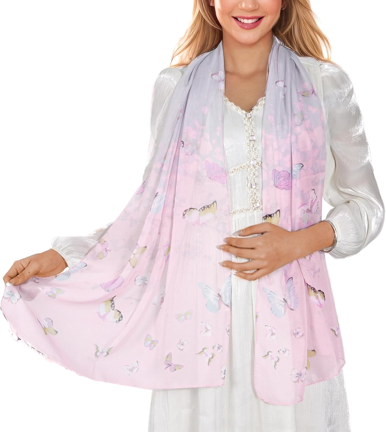 Lamca Chiffon Scarf - Ladies Scarves Lightweight Fashion Floral Print Scarf for Women UK - Fangcao-Darkblue image number 7