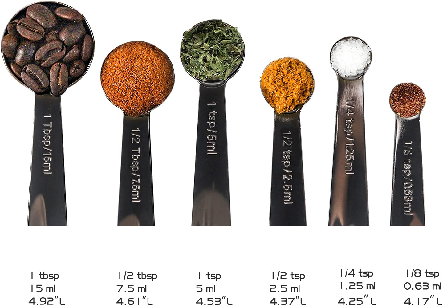 Black Measuring Spoons, Heavy Duty 18/8 Stainless Steel Metal Measuring Spoons Set of 6, Black Plated Spoon for Dry or Liquid Ingredients for Cooking Baking, Tablespoon Teaspoon Measuring Spoon Spice image number 5