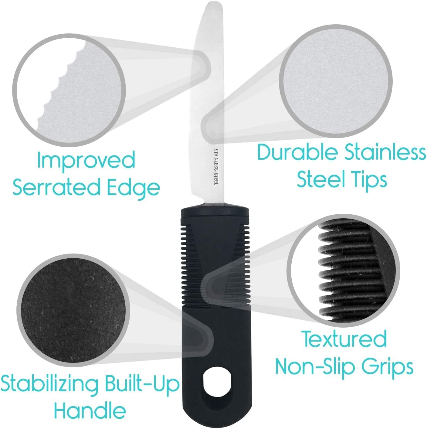 Extra Wide Handles Easy Grip Cutlery Set, Chunky Handles, Corfort Grips Disability Ideal Dining Aid for Elderly Disabled Arthritis Parkinson'S Disease Tremors Sufferers (4PCS Black) image number 4