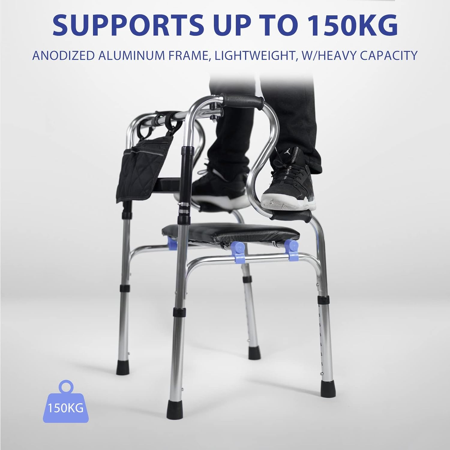 USOR 4-In-1 Stand-Assist Folding Walker with Detachable Seat, Folds for Easy Storage & Transport, 5" Wheels, Capacity 150KG, Can Be Used as Toilet Safety Rail, Silver, Aluminium, Senior/Elderly image number 3