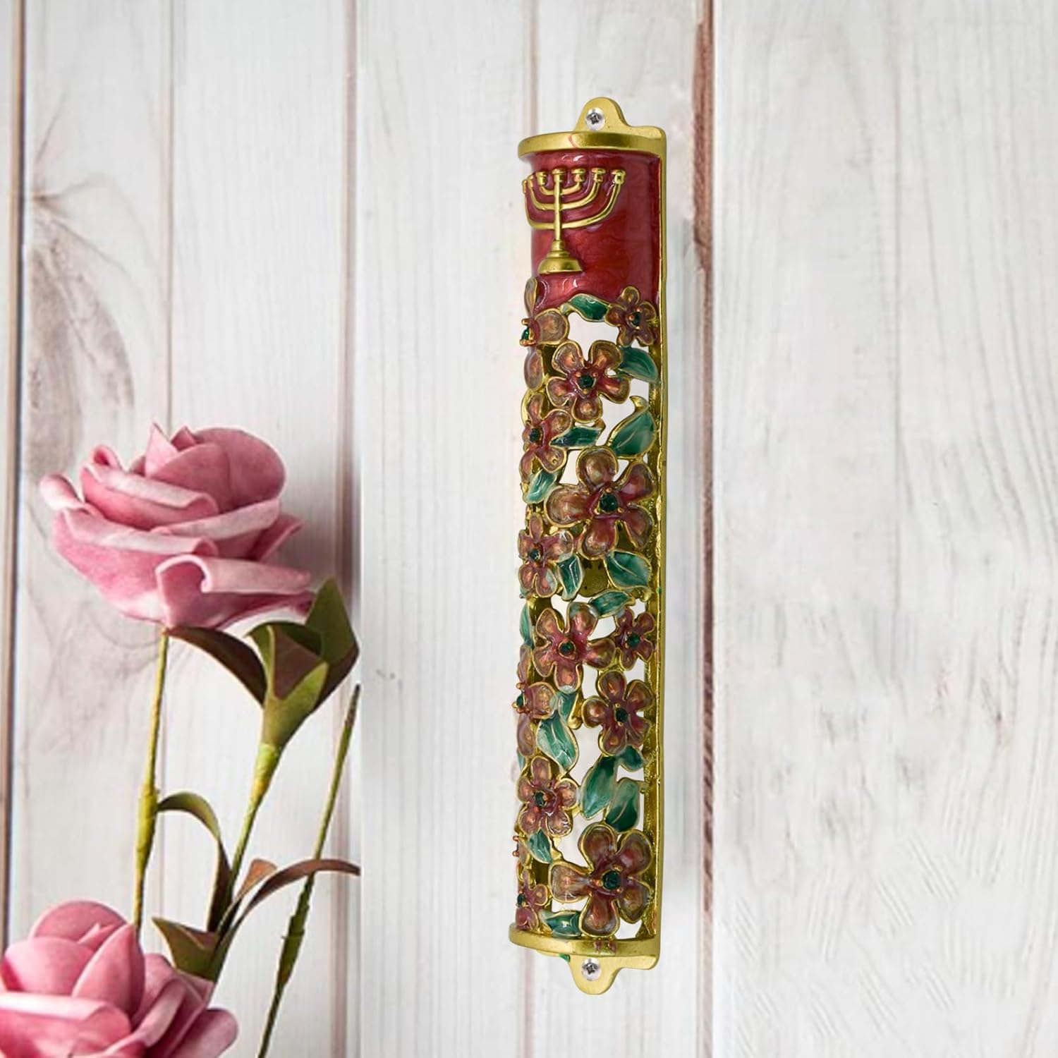 Mrmrkura Mezuzah with Scroll for Door, Enamel&Zinc Alloy Blessing Mezuzah Case, Colored Painted Mezuzha Scroll Kosher for Jewish Gifts/Jewish Decor, Christmas (Red and Gold) - Bright Green image number 5