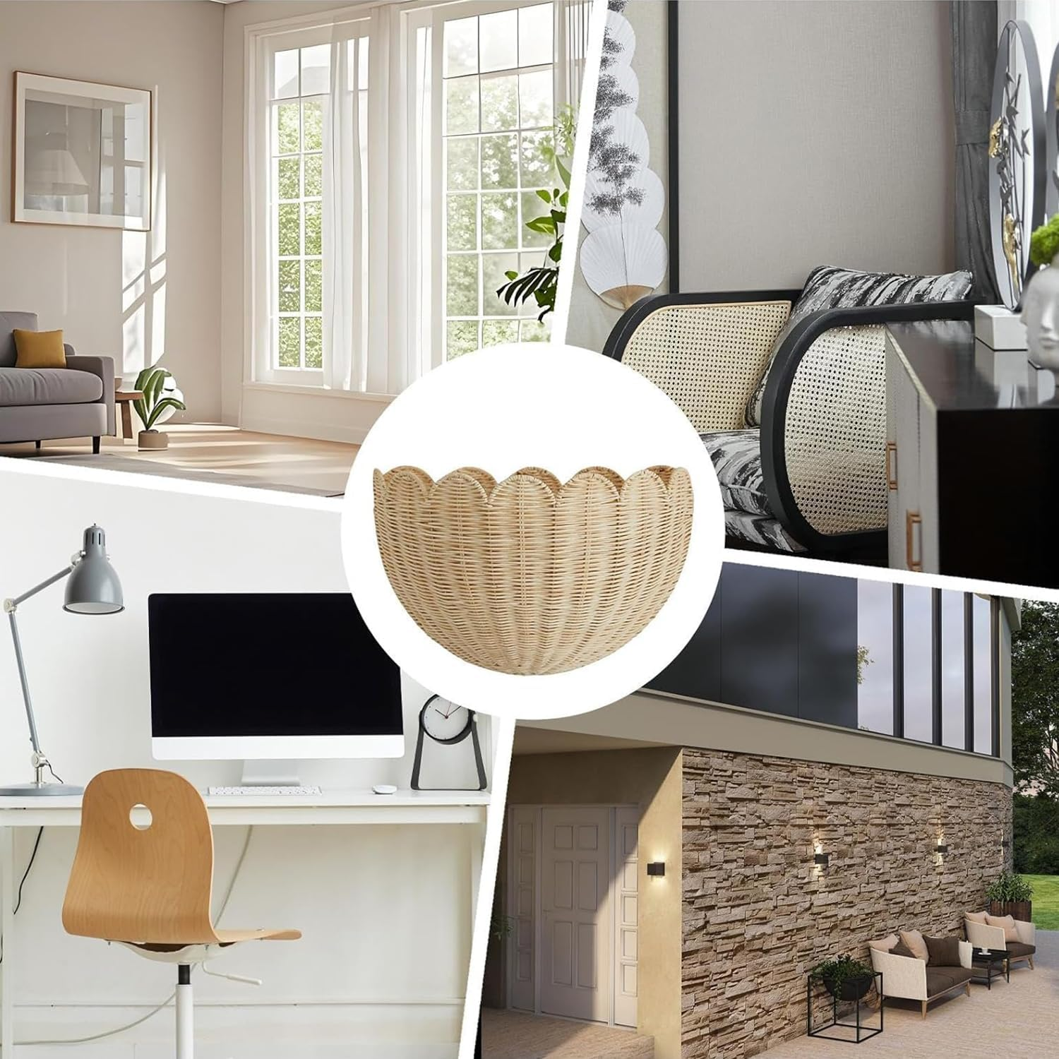 Yharnamite Wicker Hanging Basket, Rustic Scalloped Wall Hanging Woven Baskets for Kitchen, Bathroom, Living Room, Bedroom, 16X7X10 Inch image number 1