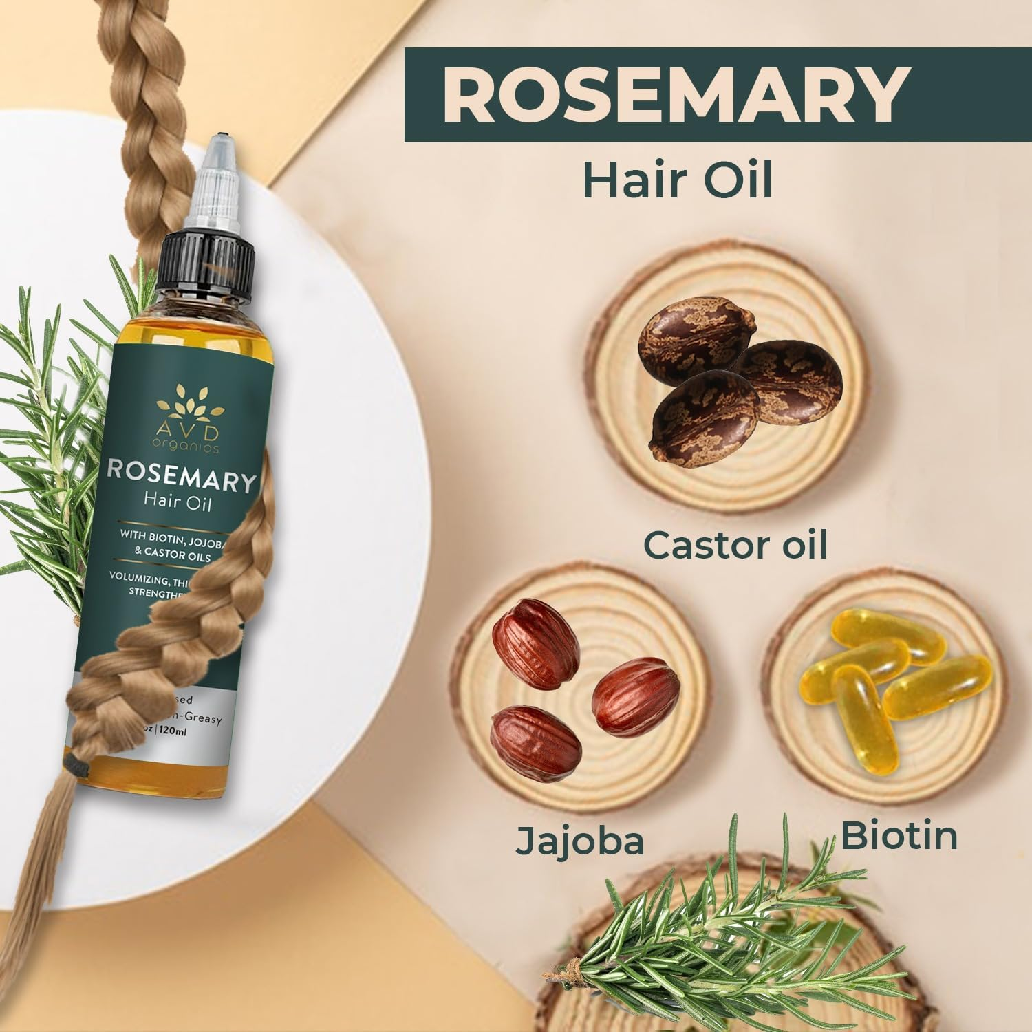 AVD Organics Rosemary Hair Oil with Biotin &ndash; Strengthening, Nourishing, and Volumizing | Infused with Jojoba & Castor Oil | Non-Gmo, 120Ml image number 2