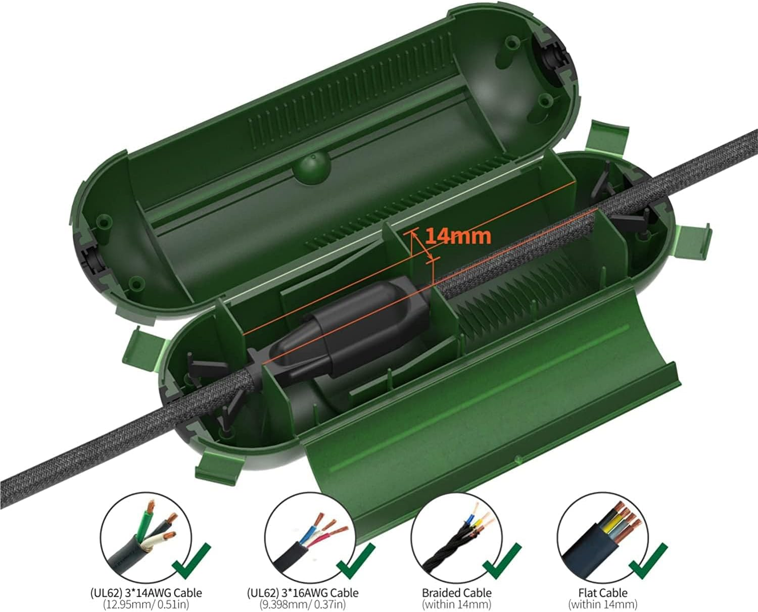 Outdoor Extension Cord Safety Cover with Waterproof Seal, IP44 Weatherproof Cord Cover for Protect Outdoor Outlet Plug Socket Holiday String Lights, Green - Pack of 2 - Black image number 4