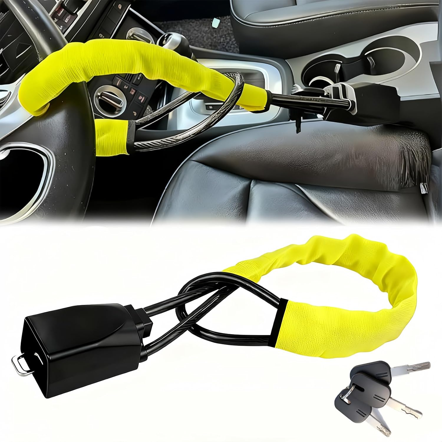 Car Steering Wheel Lock & Seat Belt Lock - Universal Anti-Theft for Cars, Suvs, Golf Carts, Max 17&rdquo; Length | Compact, Lightweight & Multi-Functional Security Device with 3 Keys (Black)