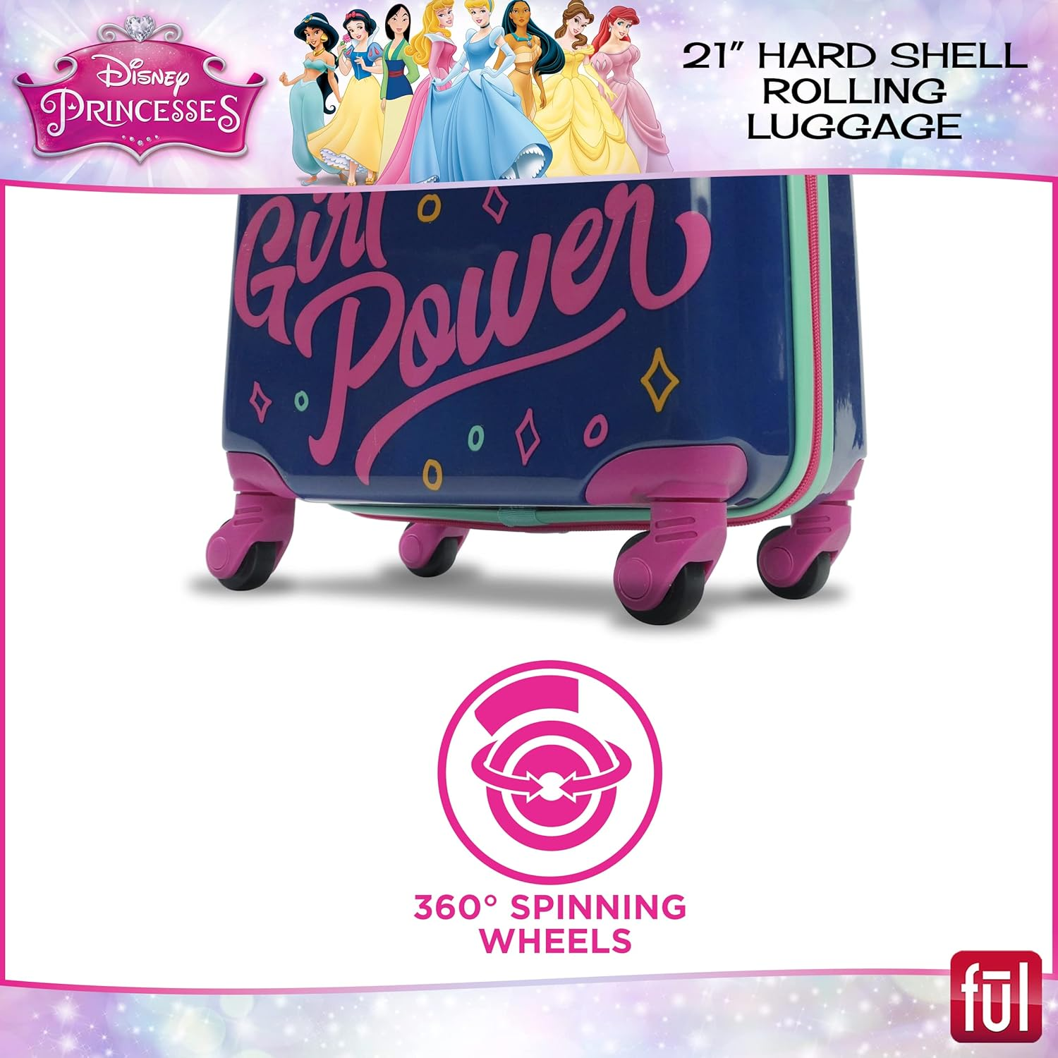 FUL Disney Princess Girl Power Kids Rolling Luggage, Hardshell Carry on Suitcase with Wheels, Blue, Blue, Disney Princess Girl Power Kids Rolling Luggage, Hardshell Carry on Suitcase with Wheels