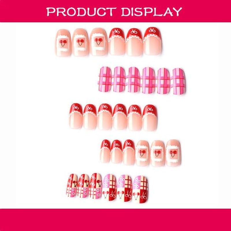French Press on False Nails, Red Bow Checkered Cherry Flower Fake Nails, Romantic Love Style False Nails, Shiny Acrylic Artificial Nails for Valentine&rsquo;S Day and Daily Dating,24 PCS(11) image number 3