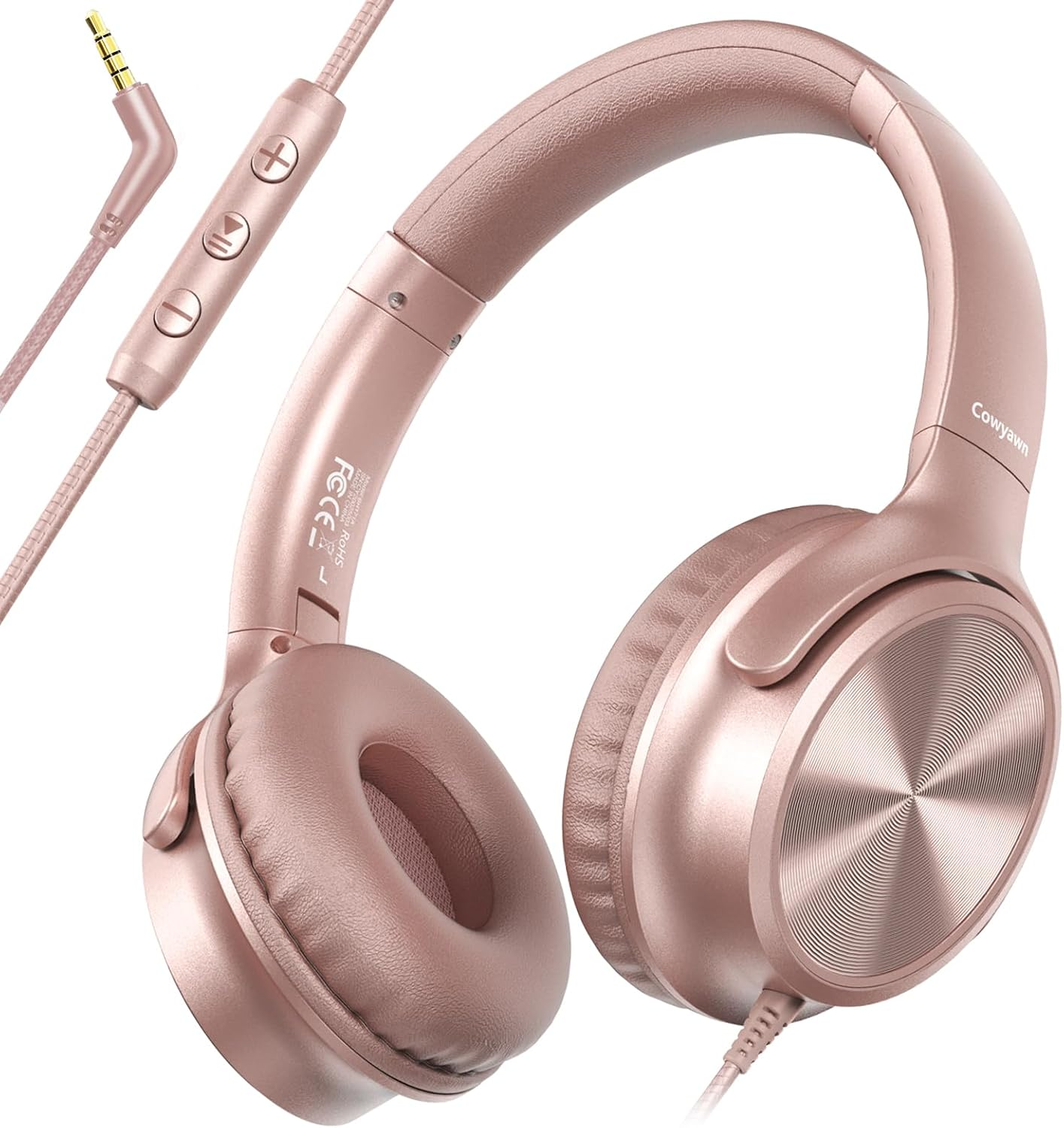 Cowyawn over Ear Headphones Wired, Foldable 3.5Mm Wired Headphones with Microphone, Volume Control, HD Stereo Sound, Lightweight Headphones for Adult/Teens/Chromebooks/Laptop/Computer/Tablets, Rose