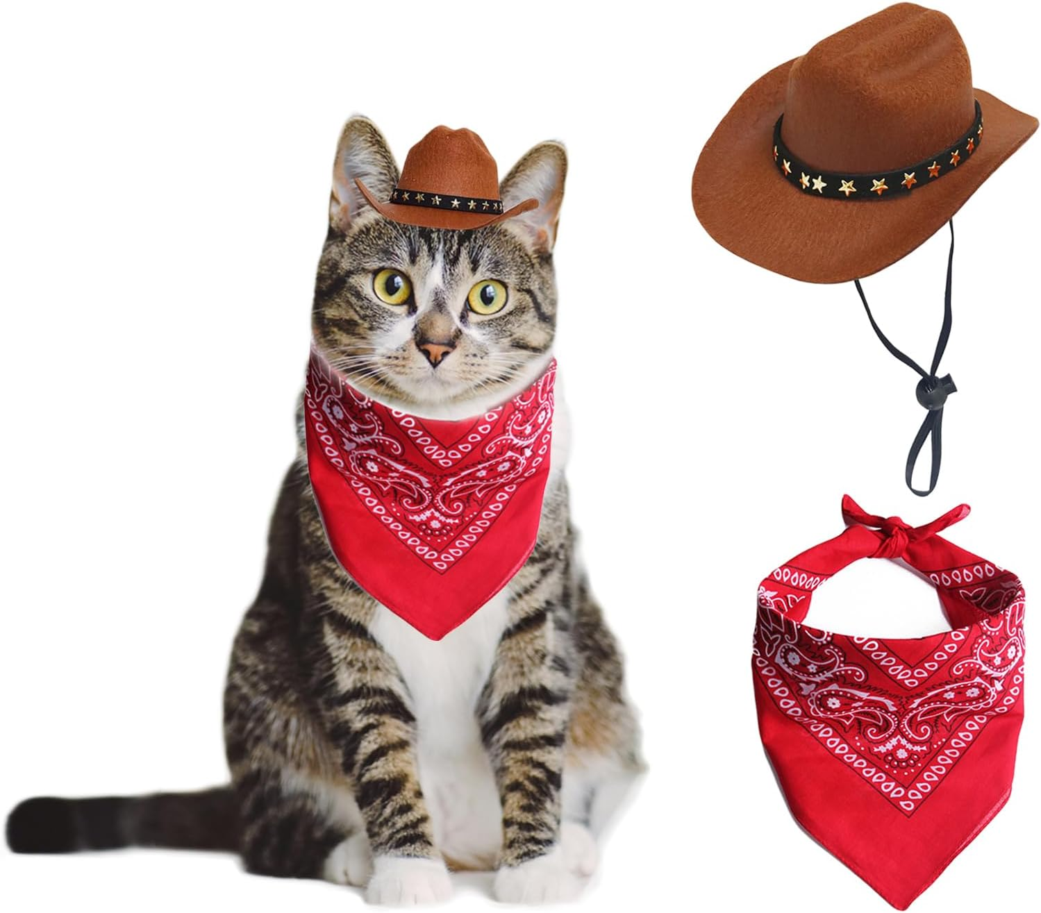 Dog Cowboy Hat Cat Cowboy Hat Mini Cowboy Hat for Dogs Cat Pet Cowboy Costume with Bandana Scarf Holiday Halloween Pet Party Decoration (Khaki, Large)