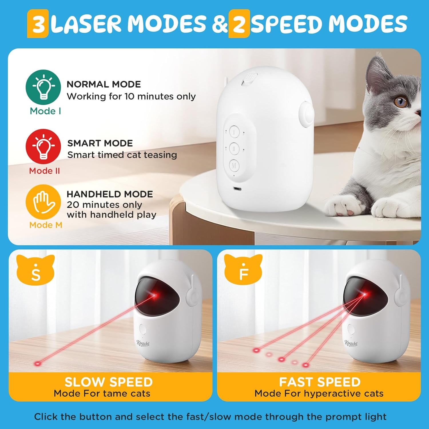 Koackl Cat Toys for Indoor Cats, Cat Laser Toy, Rechargeable Interactive Cat Toys with Timer & Speed Modes, Automatic Cat Toy for Indoor Cats Interactive for Cats Dogs Training and Exercise image number 5