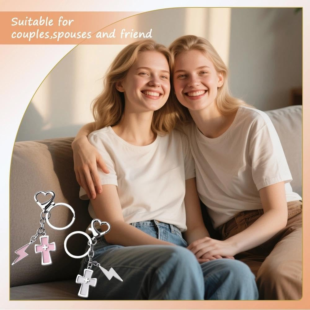 2PCS Y2K Cross Keychain for Women Punk Matching BFF Bag Charm Pink White Cross with Lightning Bolt Charms Car Keys Key Chain for Best Friends Sister Boyfriend Girlfriend image number 6