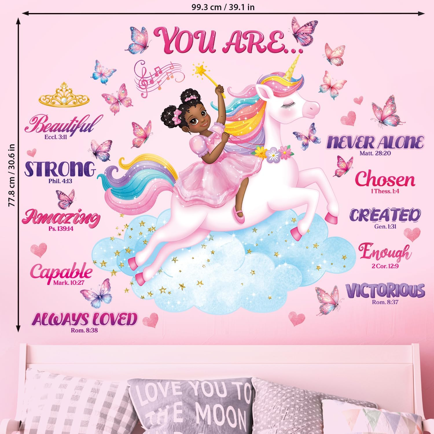 DECOWALL SG2-2503 Black Girl Unicorn Bible Verse Wall Stickers Decals Inspirational Girls Bedroom Nursery Peel and Stick Princess Decor Butterflies Kids Baby Removable Home Art Quotes image number 3