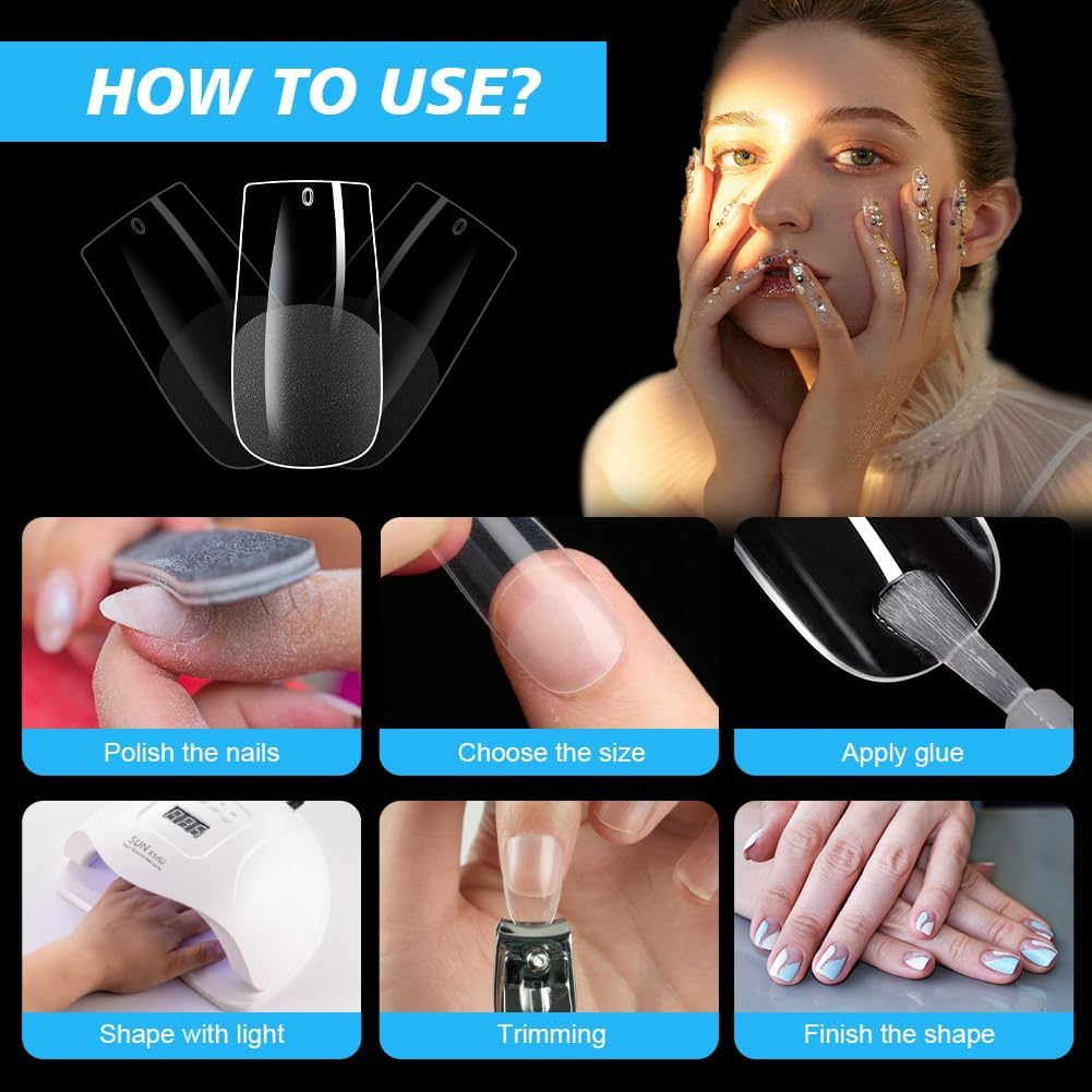 BUTBU 600 Pieces Square False Nails, 12 Sizes Transparent Nail Tips, Short Nail Tips, Gel Nail Tips Full Coverage for Salons Nails, DIY Manicure - Short Square Nail image number 3