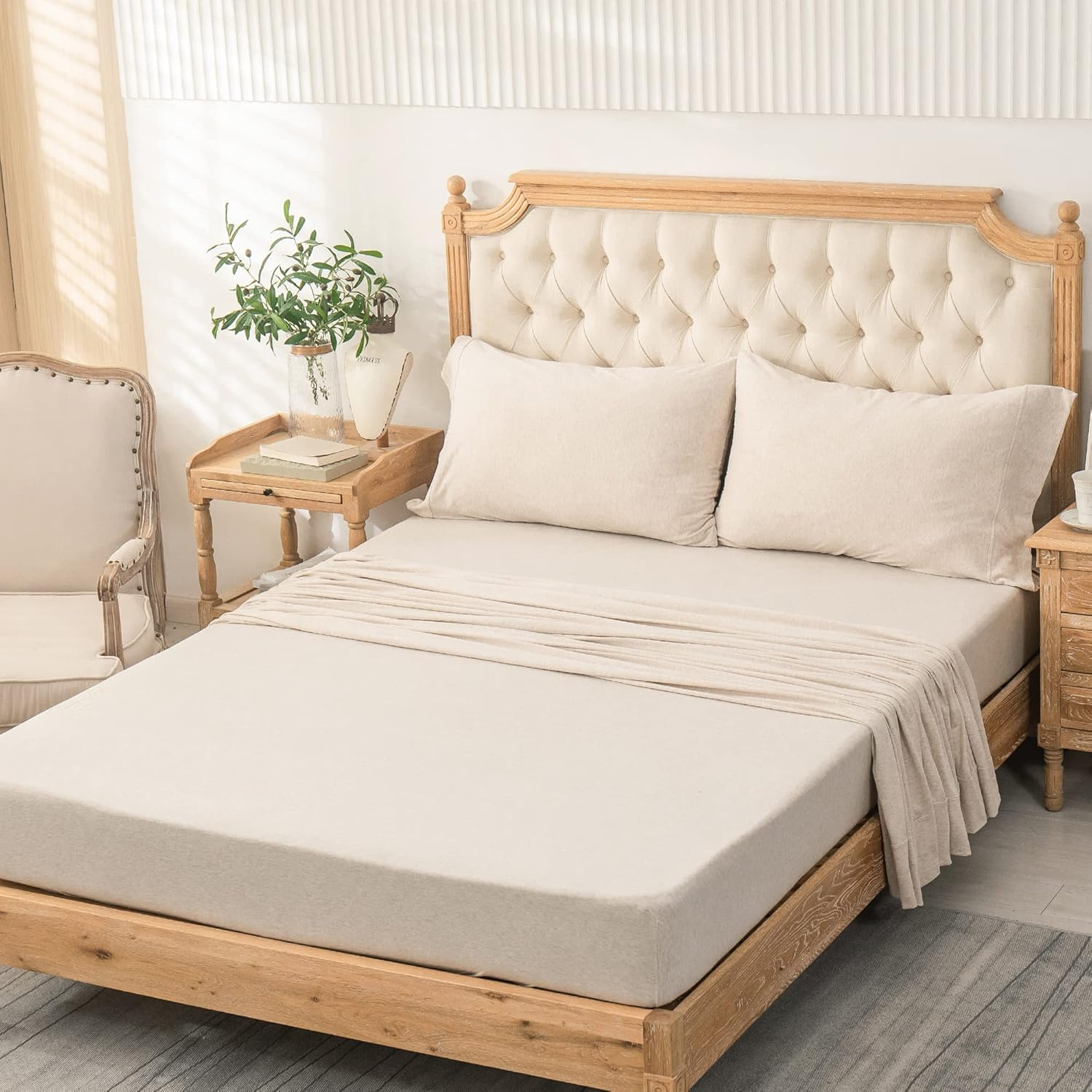 PURE ERA Jersey Knit 4Pc Bed Sheet Set 100% T-Shirt Heather Cotton Super Soft Comfy Breathable Fits Mattress up to 20" Extra Deep Pocket (Heather Beige, Queen) image number 2