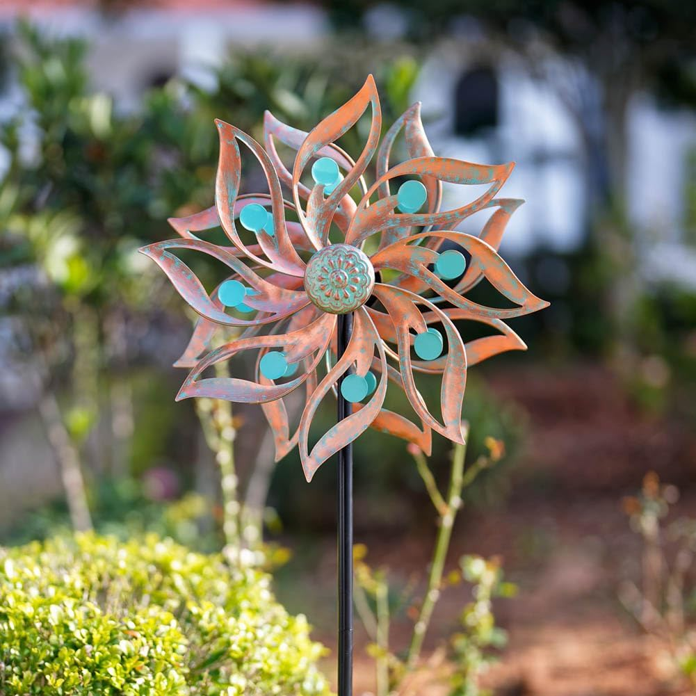 Viveta Metal Wind Spinners Outdoor,Vintage Kinetic Wind Spinner Garden Pinwheels with Metal Stake for Patio,Lawn,Garden,Creative Gifts for Women, 59 * 13.4 Inch, Rusty Red-Green image number 5