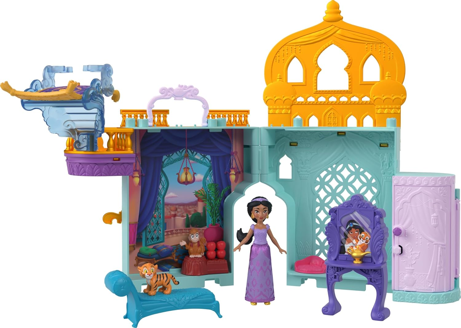 Disney Princess Jasmine'S Stacking Castle Dollhouse Playset with Small Doll, 2 Friends and 8 Pieces, Inspired by Disney Movie Aladdin, JDP56, [Multi-Colour] image number 4