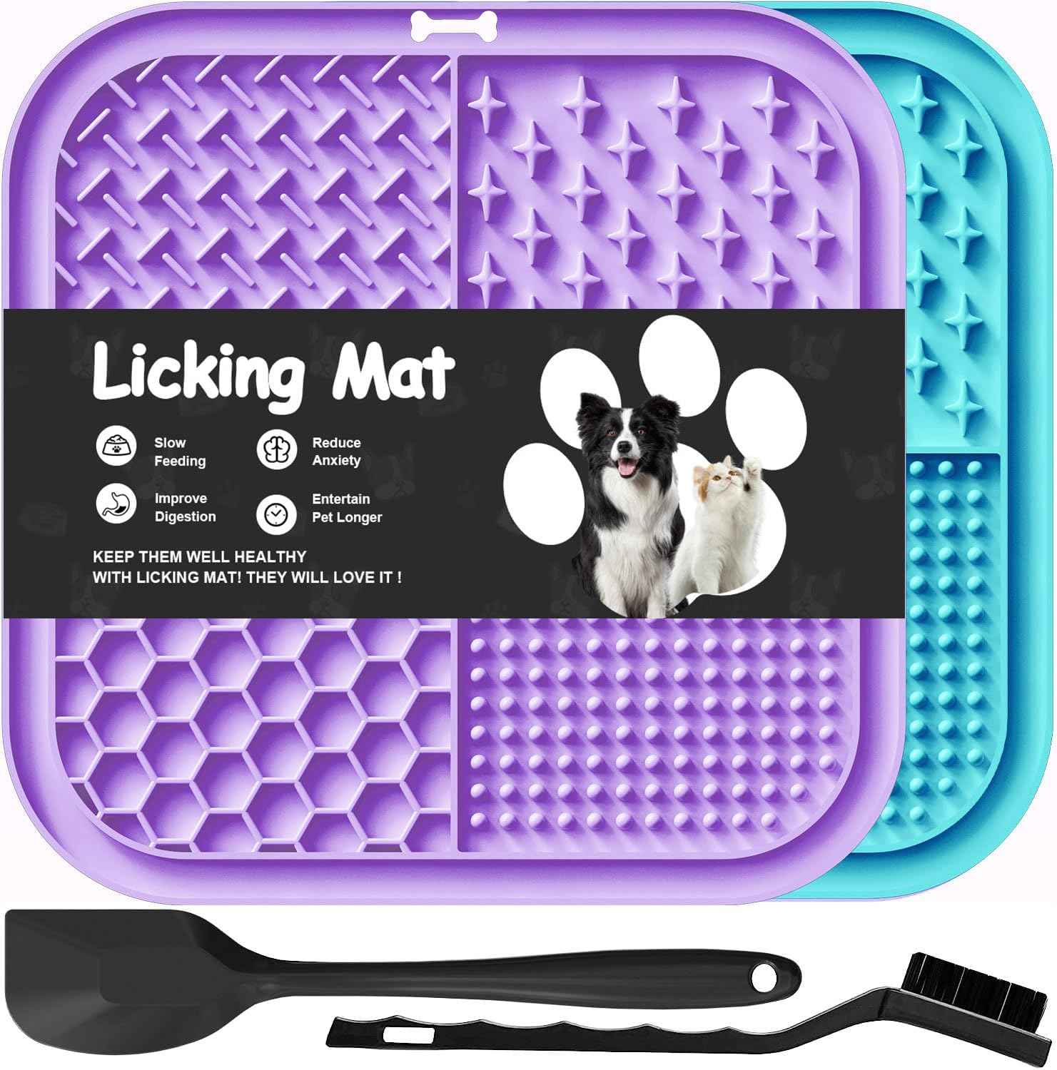 Azyh 2 PCS Licking Mat for Dogs & Cats with Suction Cups, Dog Slow Feeder Lick Pat for Anxiety Relief, Dog Toys Feeding Mat for Butter Yogurt Peanut, Pets Bathing Grooming Training Mat (7.9''*7.9'')