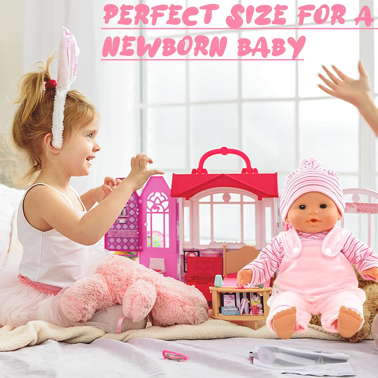 Doll Clothes for 18 Inch Baby Dolls, Sweet Outfits Jumpsuit Top Hat and Socks for 35-45 Cm New Born Baby Dolls Girls Birthday (Pink)(No Doll)