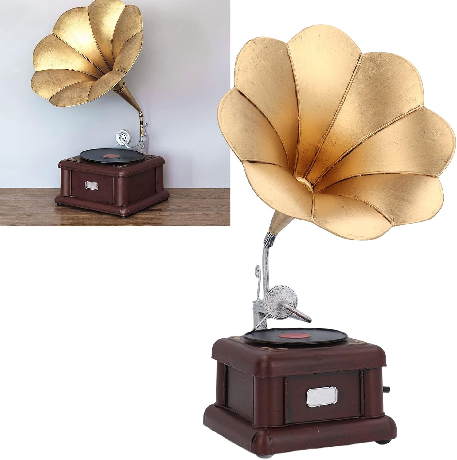 Vintage Phonograph Ornament, Iron Record Player Model Crafts, European Retro Gramophone Decorative, Classic Style Workmanship Decor for Home Room Desk Shelf