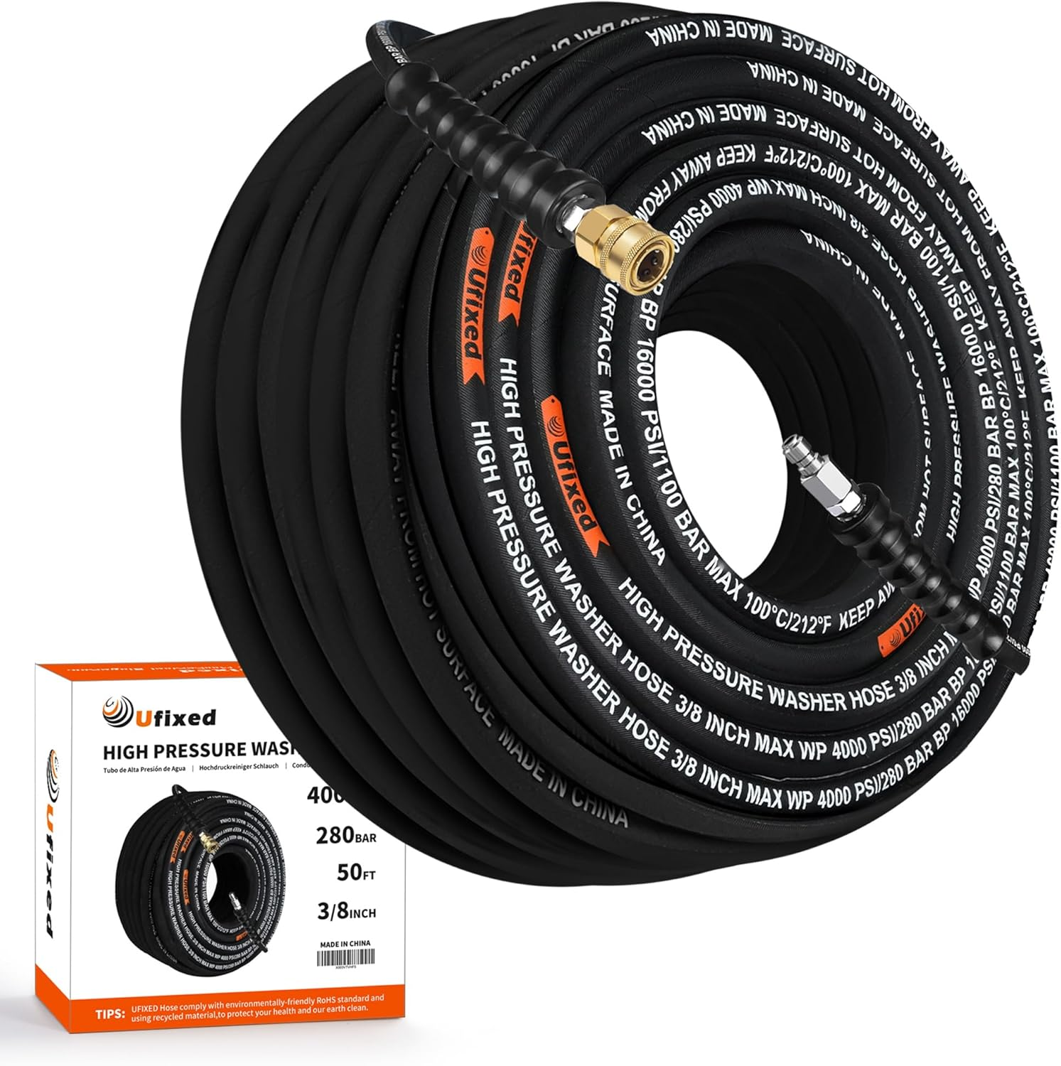 3/8&rdquo; Pressure Washer Hose 50FT 4000Psi,Rubber Hose,Quick Connect,360&deg; Swivel,Kink-Resistant,Heavy Duty,Black image number 6
