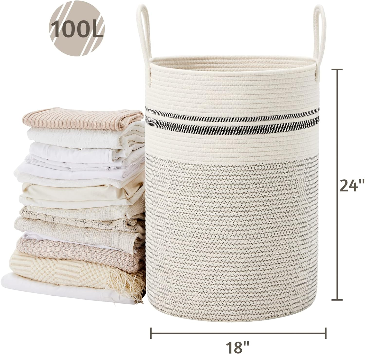 VIPOSCO Large Laundry Hamper, Tall Woven Rope Storage Basket for Blanket, Toys, Dirty Clothes in Living Room, Bathroom, Bedroom - 100L Stripe White image number 1