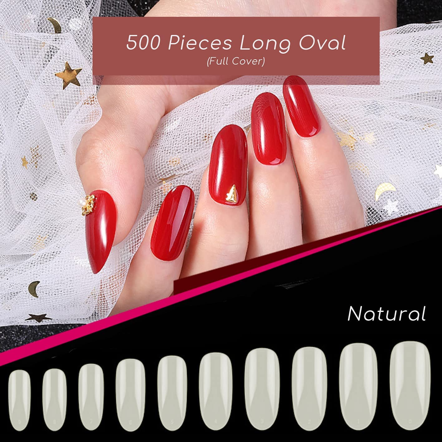 500 Pieces Long Oval Full Cover Nails Natural with 2G Glue, Beauties Factory Natural Oval False Nail Tips in 10 Sizes (Size 0-9) for Nail Salons DIY Extensions Design Manicure image number 2