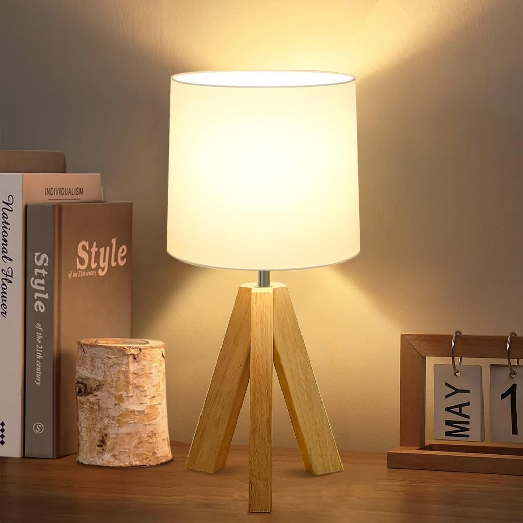 Clora beside Table Lamp, Wood Tripod Table Lamp with White Fabric Shade, Boho Nightstand Lamp, Minimalist Desk Lamp for Bedroom Living Room Nursery Kids Room Office Dorm, Bulb Included image number 6