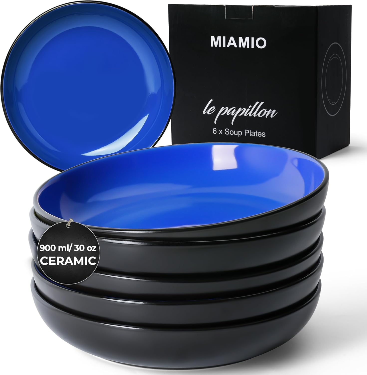 MIAMIO &ndash; 890 Ml Set of 6 Pasta Bowls/Salad Bowls, Pasta Plates Wide and Shallow Bowl, Large Ceramic Stoneware Deep Plate Serving Soup, Microwave and Dishwasher Safe - Le Papillon Collection (Black)