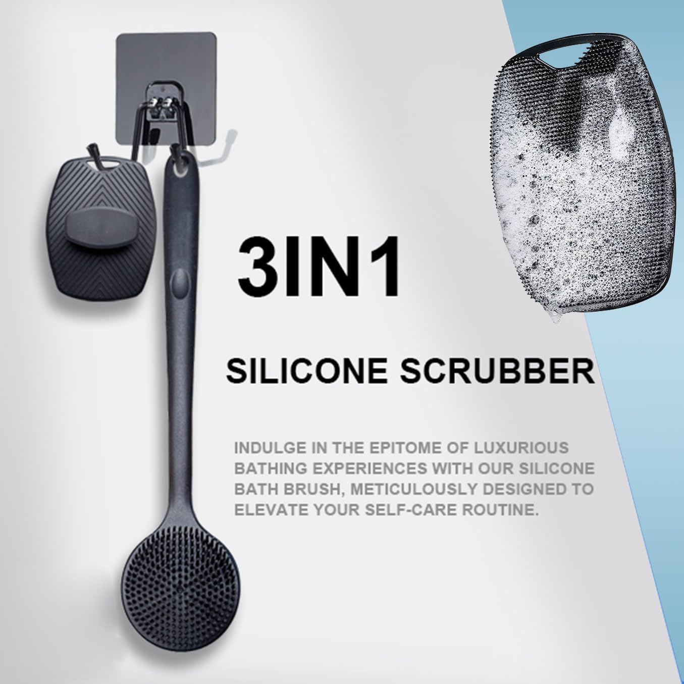 BEANPRECOY Silicone Body Scrubber for Shower 3 in 1 Bath Body Brush with Long Handle Double Sided Shower Brush for Shower Exfoliating and Massage Can Produce Rich Foam with Hook for Men Women