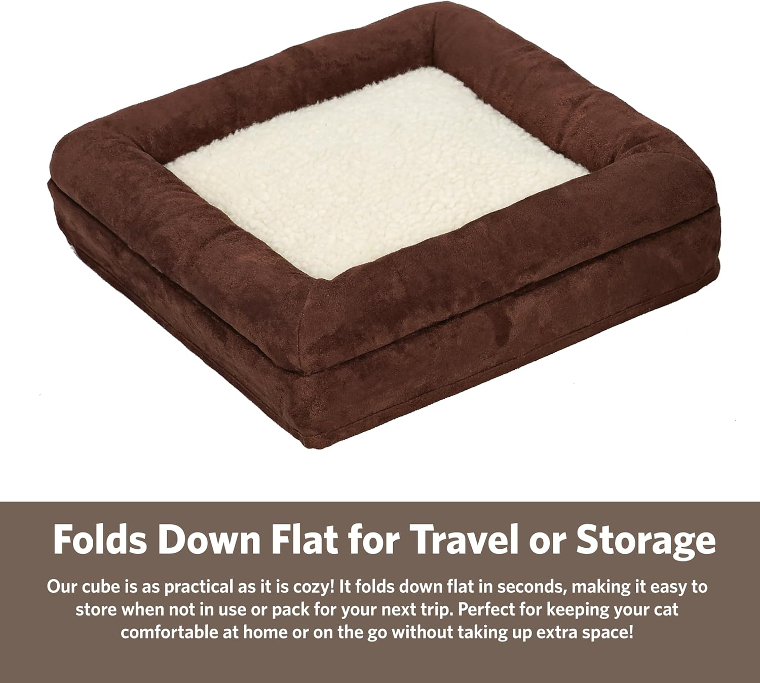 Midwest 137-BR the Original Curious Cat Cube, Cat House/Cat Condo in Brown Faux Suede & Synthetic Sheepskin image number 1