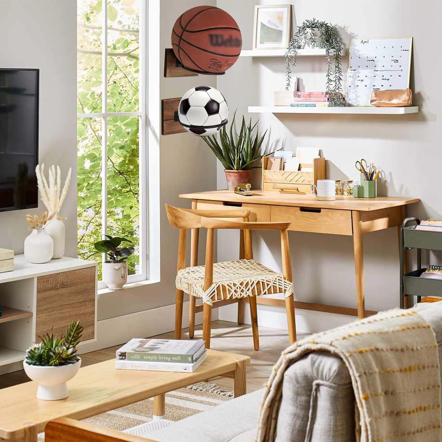 3Pcs Basketball Holder,Wall Mount Ball Storage,Basketball Rack with Wooden Base,Ball Holder for Basketball Stuff,Soccer,Volleyball Collection,Rugby, Soccer Accessories for Boys