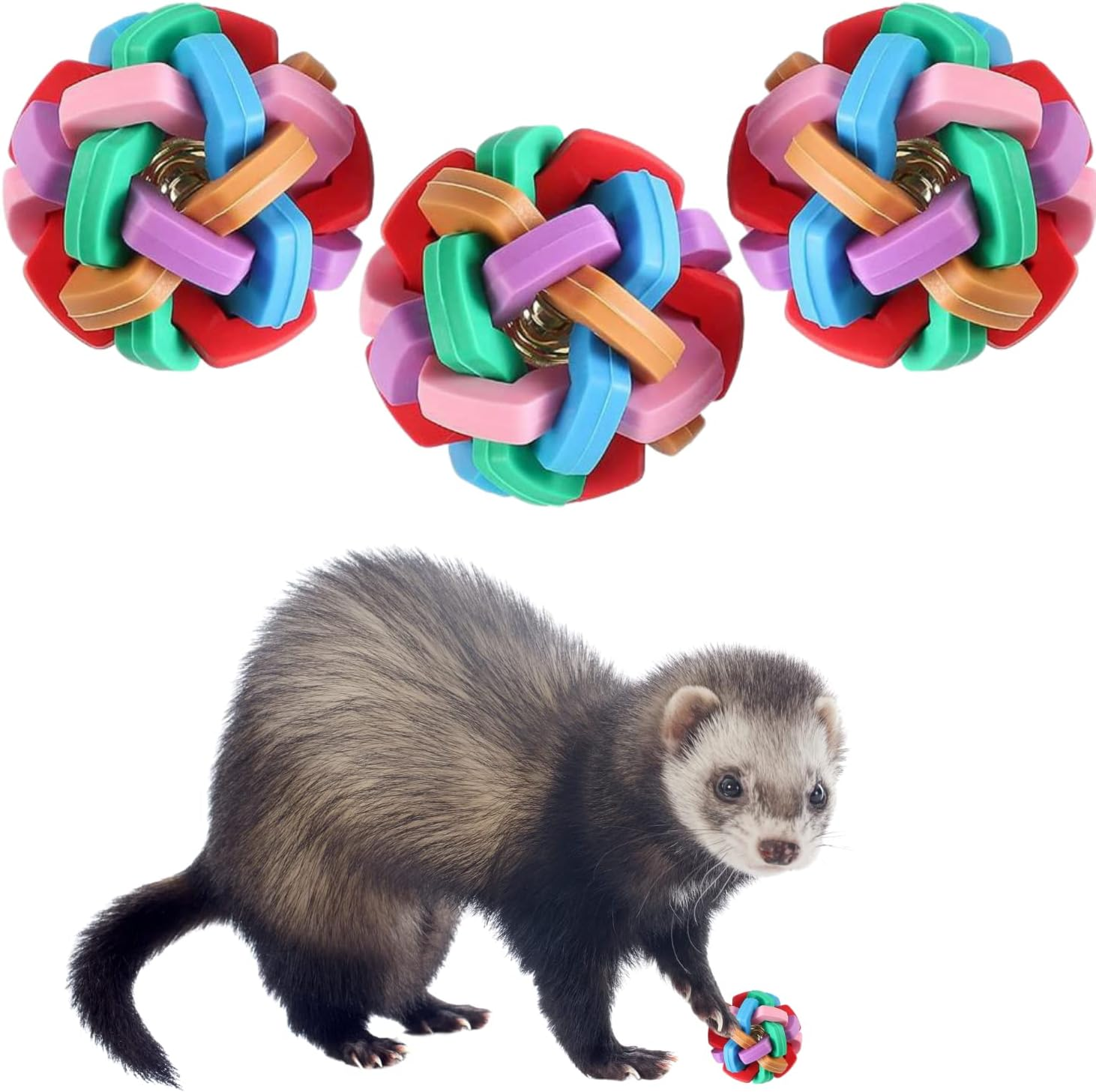 3 Pack Bouncy Rubber Balls - Colorful Wiggle Balls with Built-In Bell for Ferret Teeth Grinding, Interactive Sound Toy, Exercise & Scratch Chew Toys for Indoor Pet Cat Dog image number 6