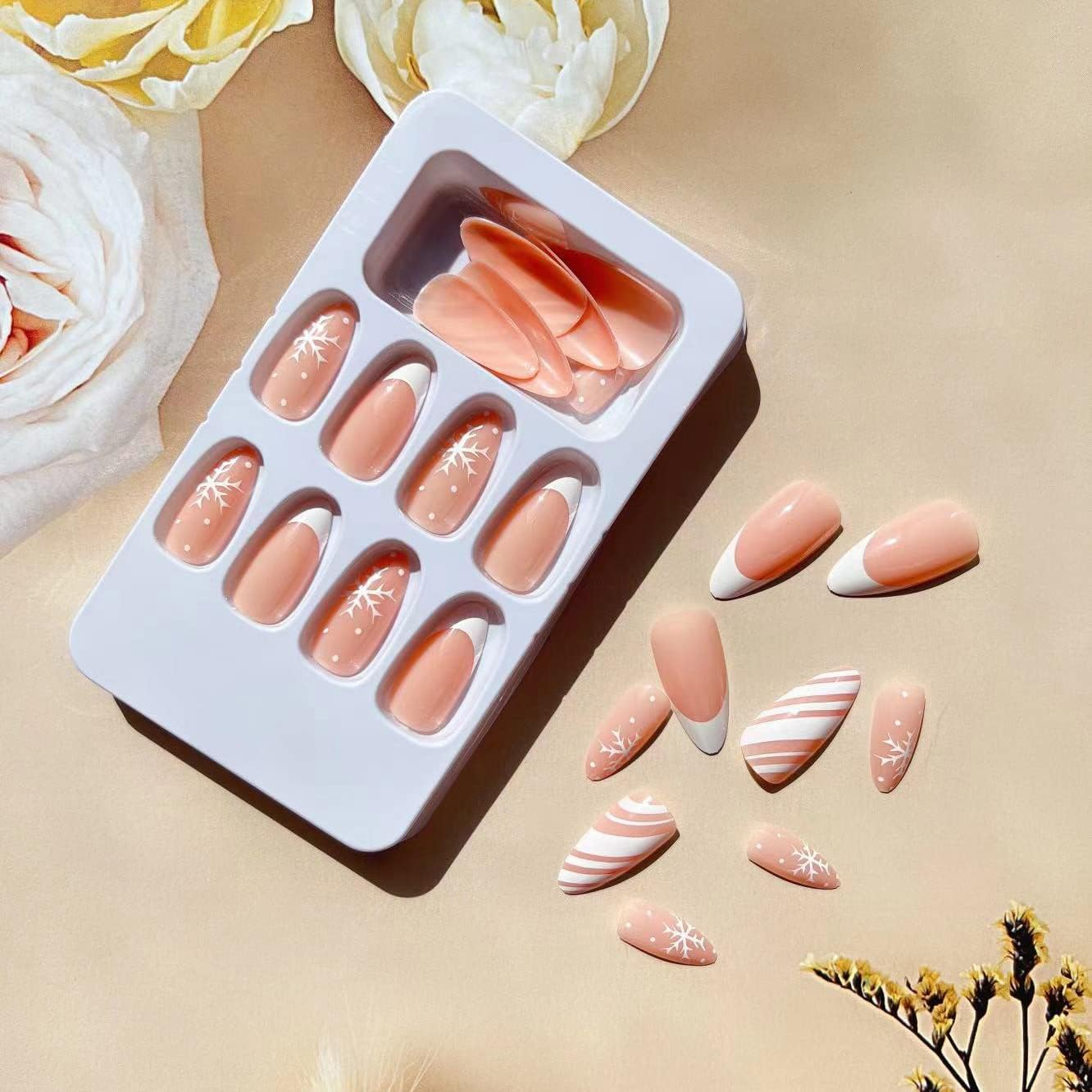 24 Pcs Snowflake Fake Nails Medium with White Nail Tips Designs, Almond Shaped Christmas Press on Nails Glossy Full Cover Glue on Nails with White Snowflakes Design for Women Girls image number 1