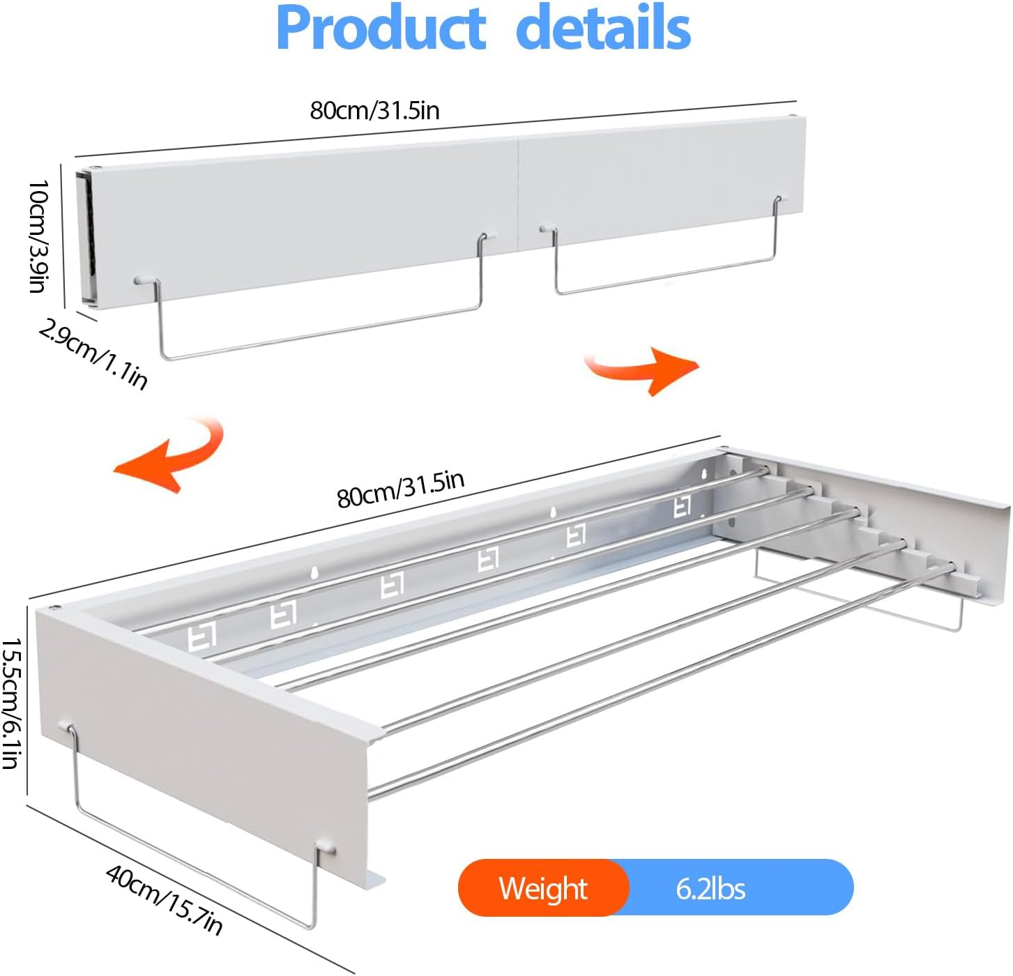 Wall Mounted Drying Rack, Collapsible Drying Racks for Laundry, Collapsible Laundry Drying Rack, 5 Stainless Steel Rods, Folding Indoor/Outdoor Drying Rack Clothing, 31.5'' Wide image number 2