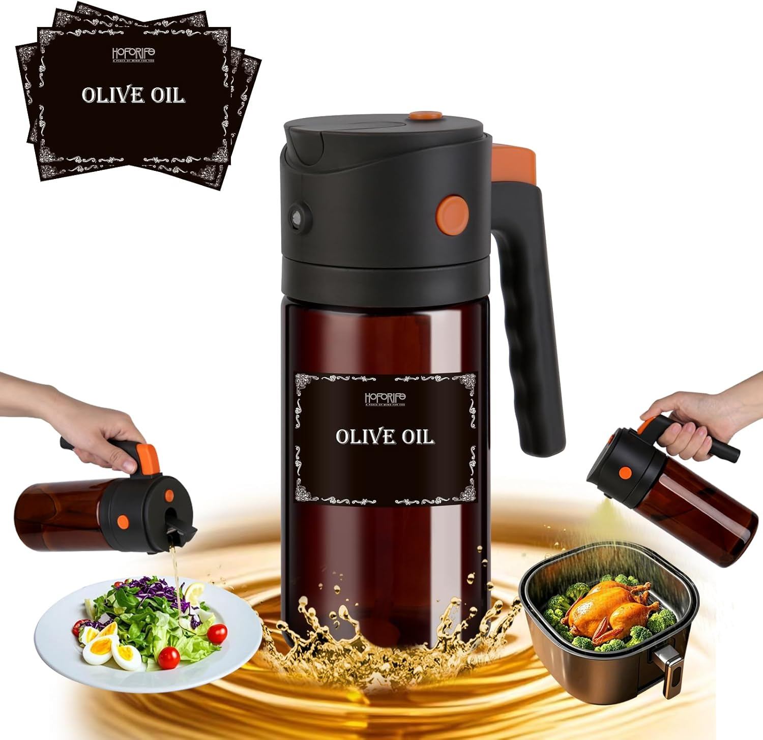 Glass Kitchen Maiden 2 in 1 Olive Oil Dispenser & Oil Sprayer for Kitchen Cooking, Olive Oil Dispenser Bottle, Auto Flip Cap, 16Oz Brown (Light Blockage) image number 1