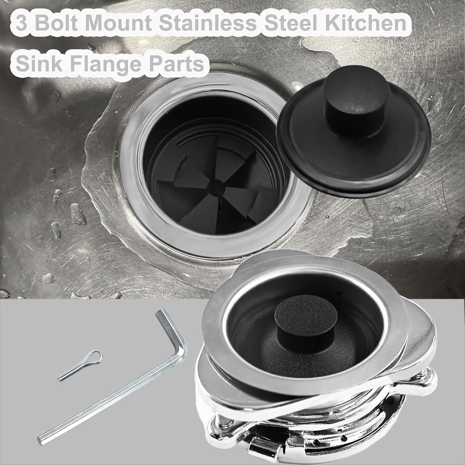 Garbage Disposal Flange Kit and Stopper for Insinkerator,3 Bolt Mount Stainless Steel Kitchen Sink Flange Parts with Stopper Compatible with Insinkerator Models Garbage Disposal image number 3