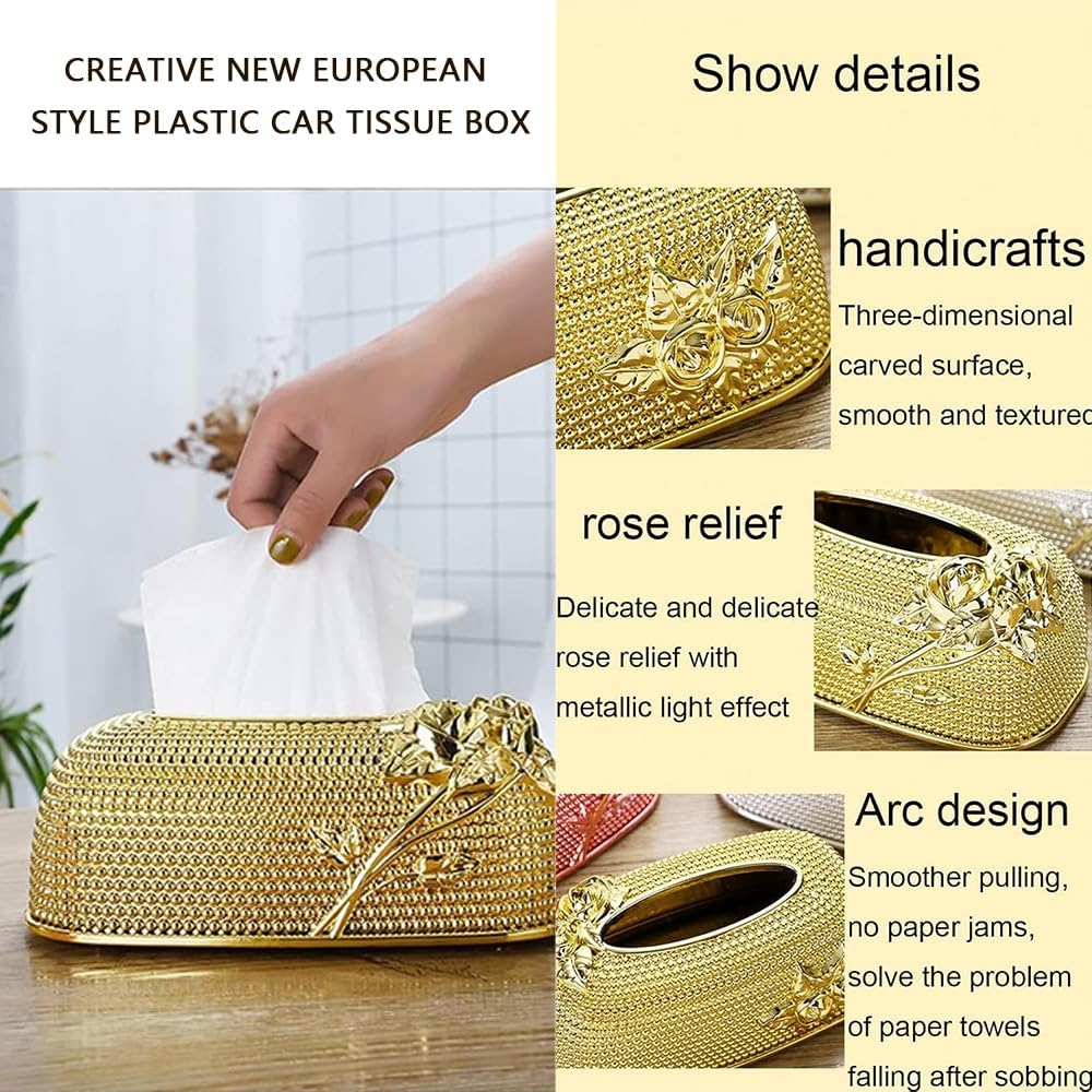 Widen the Draw Hole Tissue Box Cover, Plastic Rectangle Tissue Box Cover, Smooth Facial Tissue Box Holder for Dresser Bathroom Decor (Gold) image number 5