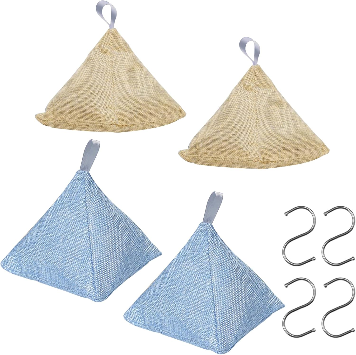 4 Pack Activated Bamboo Charcoal Bags with 4 Hooks Air Purifier Deodorizer Bags Dehumidifier Bags Stylish Pyramid Design Applicable to Car Closet Bathroom Basement Litter Box Shoe Air Fresheners Bags image number 2