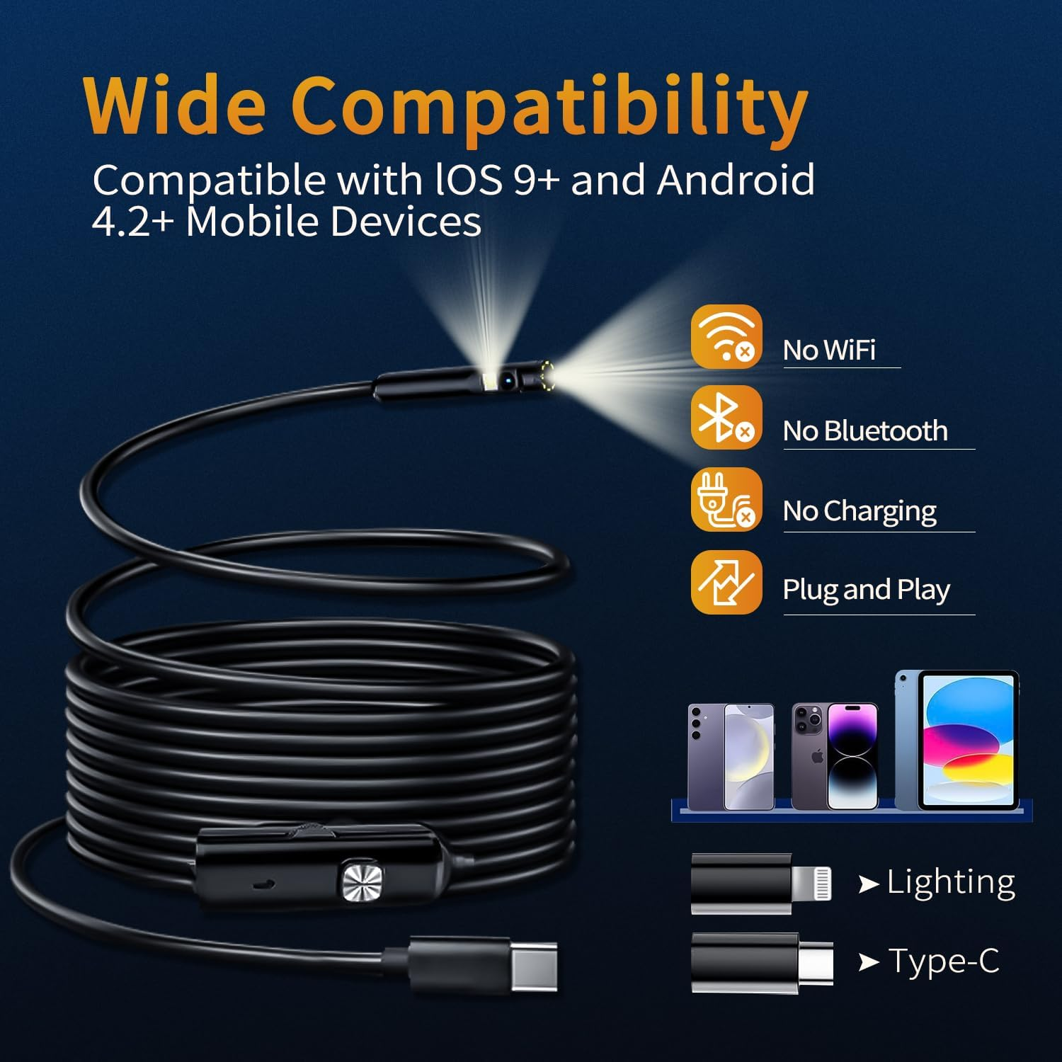 SBERAY Endoscope Inspection Camera, 1920P Dual Lens Borescope with Adjustable 8 LED Lights, 16.4FT/5M Semi-Rigid Cable, IP67 Waterproof Snake Camera for Automotive, HVAC, Sewer, Pipe Inspection image number 2