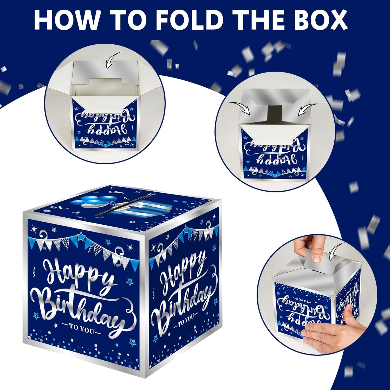 Happy Birthday Money Gift Box with DIY Stickers for Any Age - Blue Sliver Surprise Birthday Party Cash Gift Box with Pull Out Card for Men Boys - a Fun Way to Present Cash as Gifts. image number 4