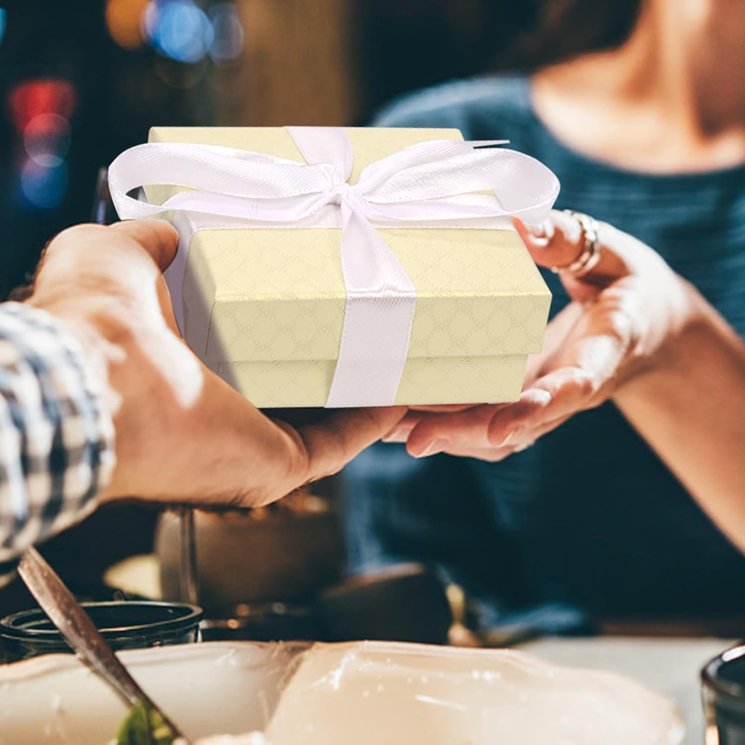 Glarks 17Pcs Champagne Color 2.95 X 2.95In Jewelry Gift Boxes with Pink Scissors and White Polyester Ribbon Set, Diamond Pattern Necklace Earring Bracelet Boxes Gift Case Ideal - Dark Blue image number 6