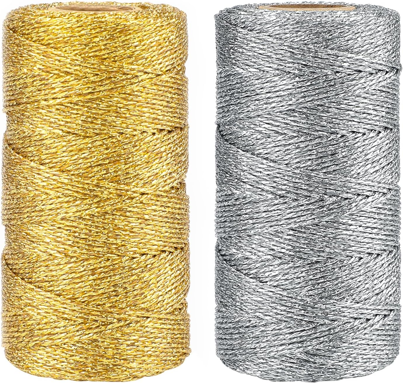 Anwyll Gold Silver Twine String - 656Ft 2MM Christmas Twine String Cotton Bakers Metallic Gold and Silver Twines Strings for Crafts Ornament Gift Wrapping Christmas Holiday Home Decoration