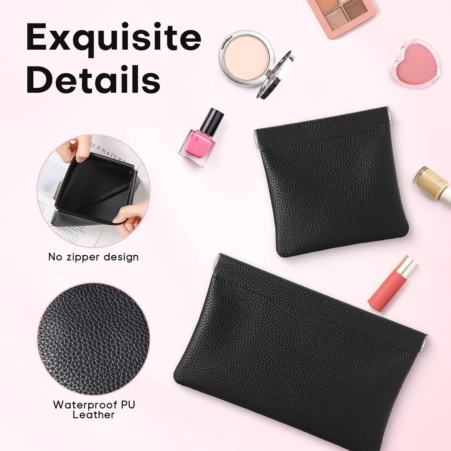 Sightor Leather Pocket Cosmetic Bag for Purse, 2 Pack Small Makeup Bag for Women Coin Purse Lipstick Cosmetic Accessories Organizer Travel Cosmetic Pouch, Black, Solid - Creamy image number 5