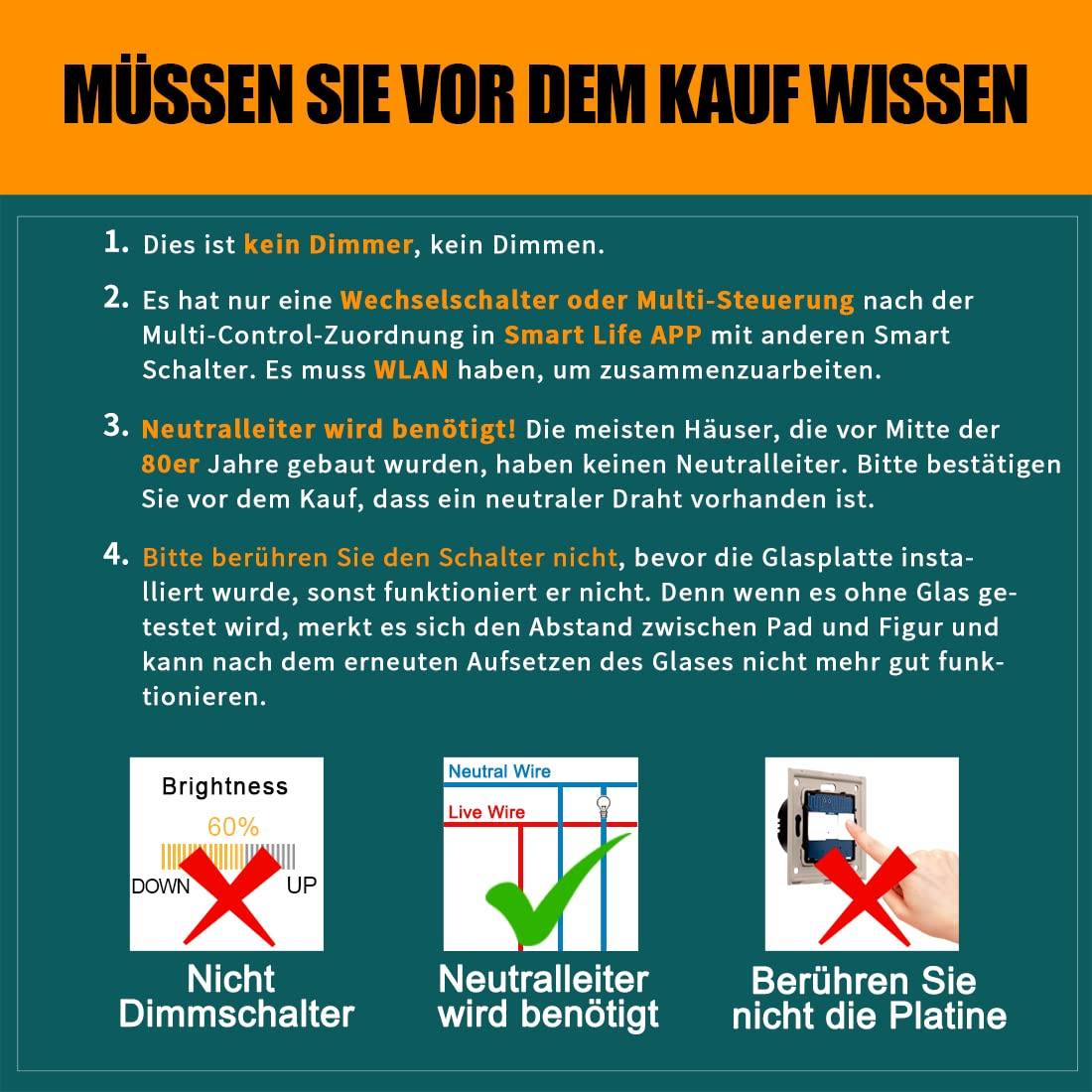 CNBINGO Smart Touch Light Switch Compatible with Alexa, Google Assistant - WLAN Switch Flush-Mounted - with Glass Panel and Status LED - Wall Switch Simple in Grey - Neutral Conductor Required image number 6