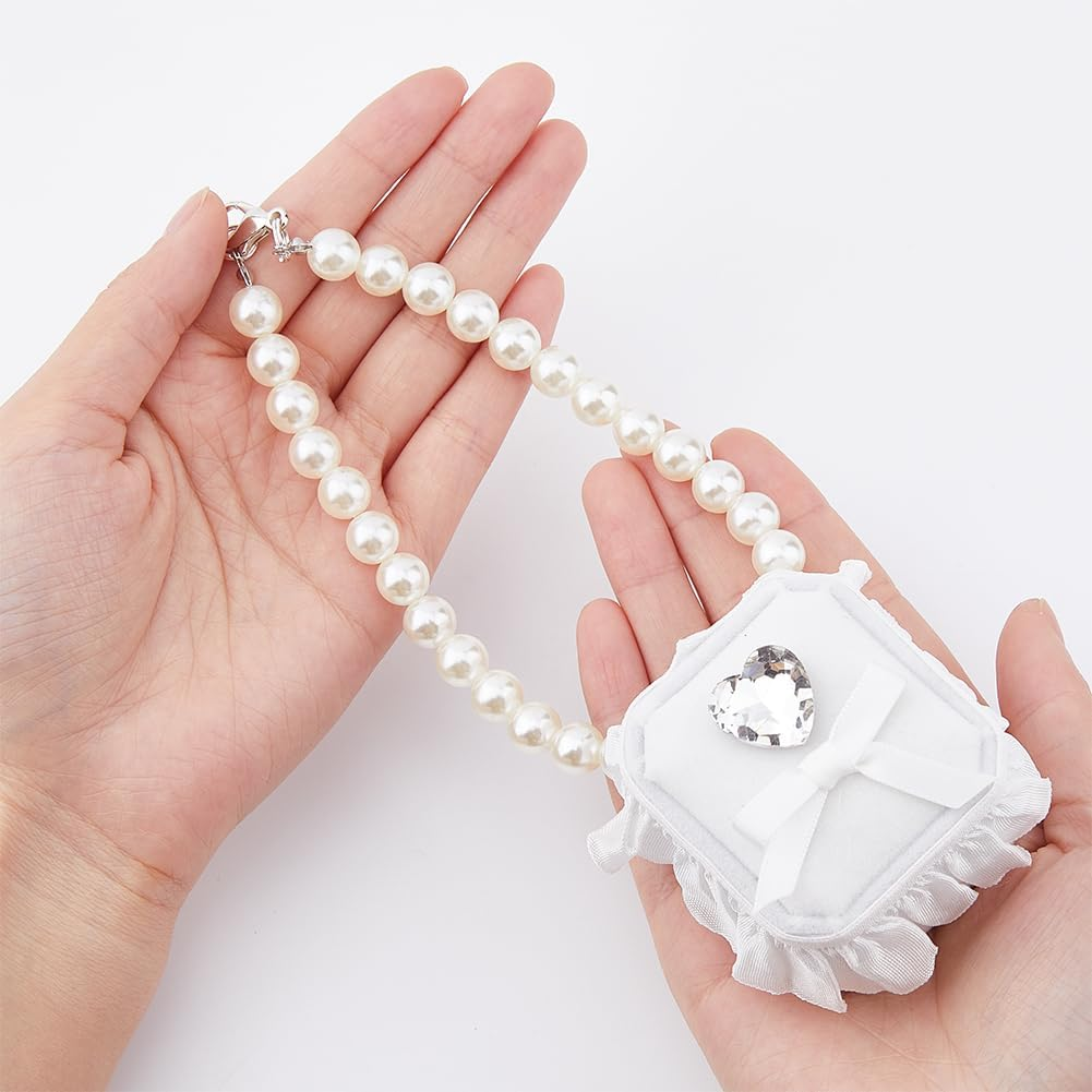 SUPERFINDINGS Pearl Cat Collar White Velvet Ring Box Wedding Dog Collar with Ring Box Cat Wedding Ring Holder with Pet Collar Rhinestone Couple Ring Bearer Box for Proposal Engagement Wedding 13Inch