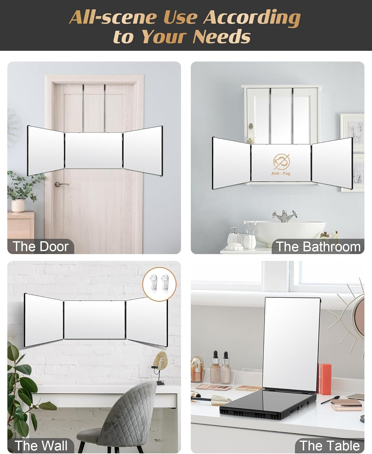 JUSRON 360 Viewing Angle Self Hair Cutting Mirror, Clear Anti-Fog HD Glass (Black without LED with Accessories) image number 4