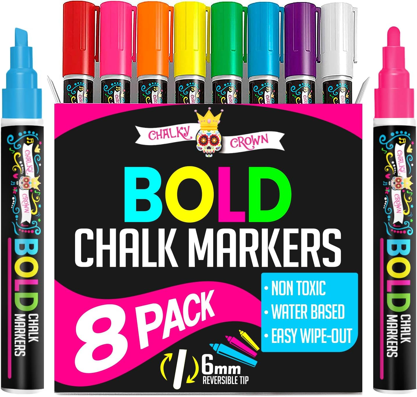 Liquid Chalk Markers for Blackboards - Bold Color Dry Erase Marker Pens - Chalk Markers for Chalkboards Signs, Windows, Blackboard, Glass - 6Mm Reversible Tip (8 Pack) - 24 Chalkboard Labels Included