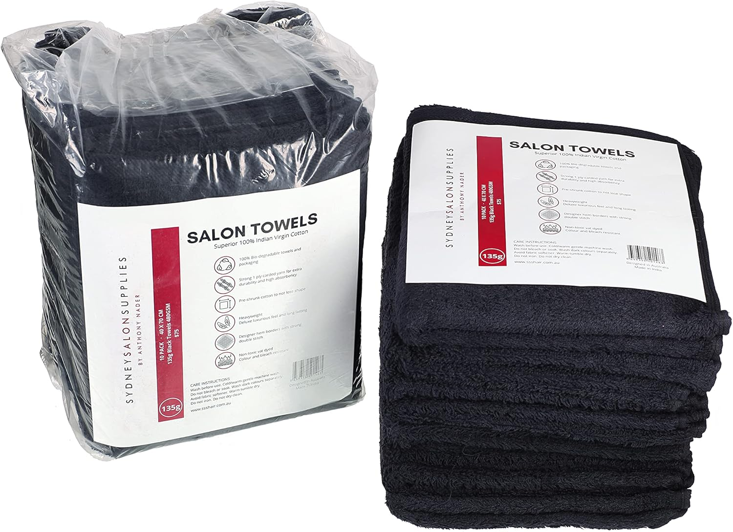 10 Black 135G SSS Salon Towel 100% Cotton Hand Towels Barber Beauty Gym Hotel SPA 35X75 image number 2