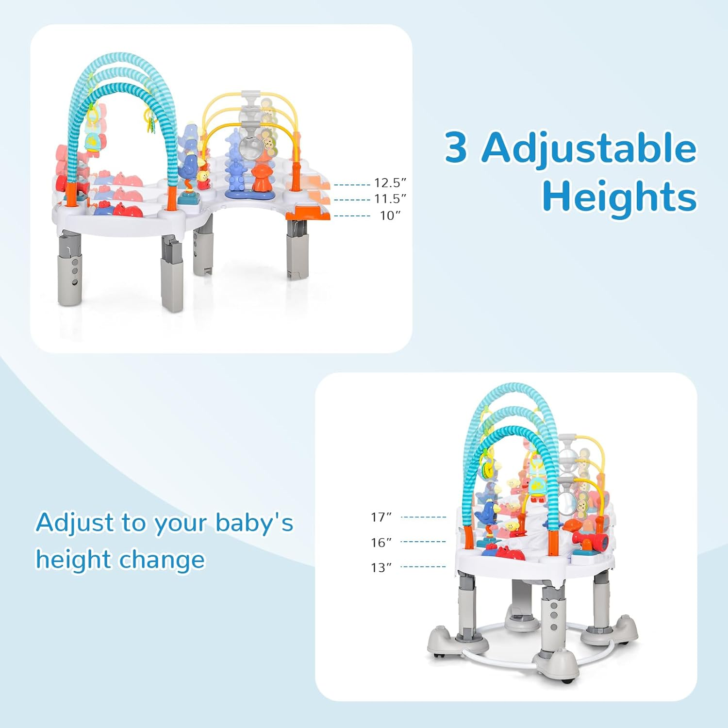 INFANS Baby Bouncer Activity Center, 5 in 1 Toddler Bouncing Activity Saucer Playtime Mat Activity Table with 360&deg;Rotating Seat, 3 Adjustable Height, Foldable Exersaucer Learning Walker (Light Grey) image number 6