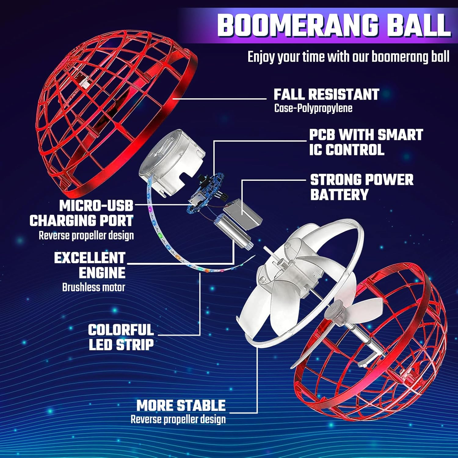 Sosuy 2026 Flying Orb Ball for Kids, Magical Galaxy Hover Cosmic Space Boomerang Rotating Floating Mini Hand Drone Stocking Stuffer Toys for Girls Boys Teen Age 6 7 8 9 10+, RED image number 1